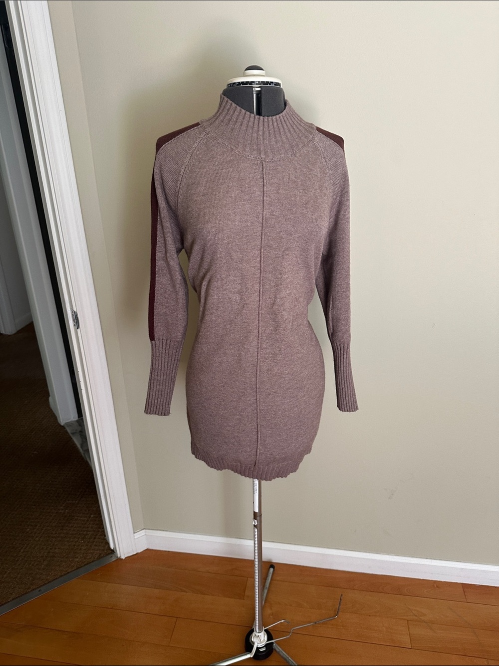 Rib-Knit Mock Neck Sweater Dress in light brown with dark brown Accents